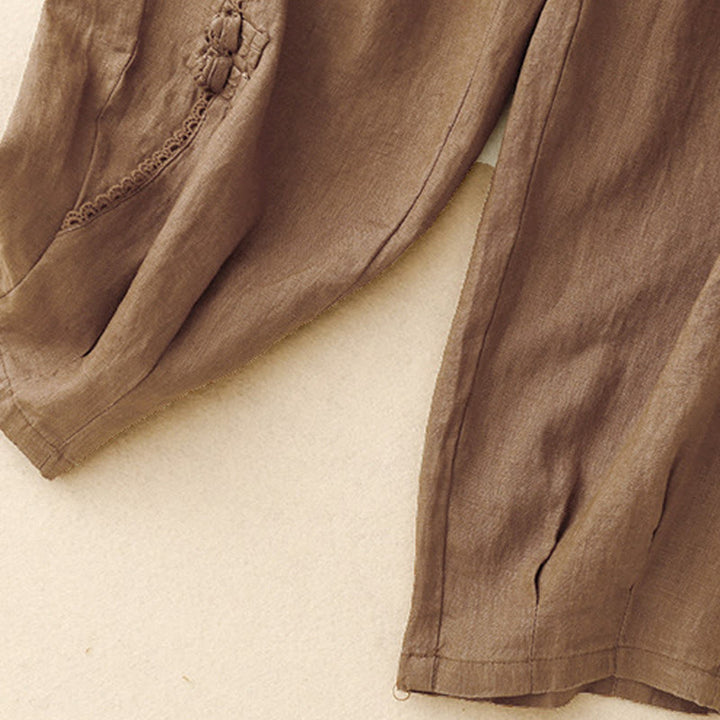 Buddha Stones Sommer-Baumwoll-Leinen-Hose mit Froschknöpfen und hoher Taille für Damen mit Taschen