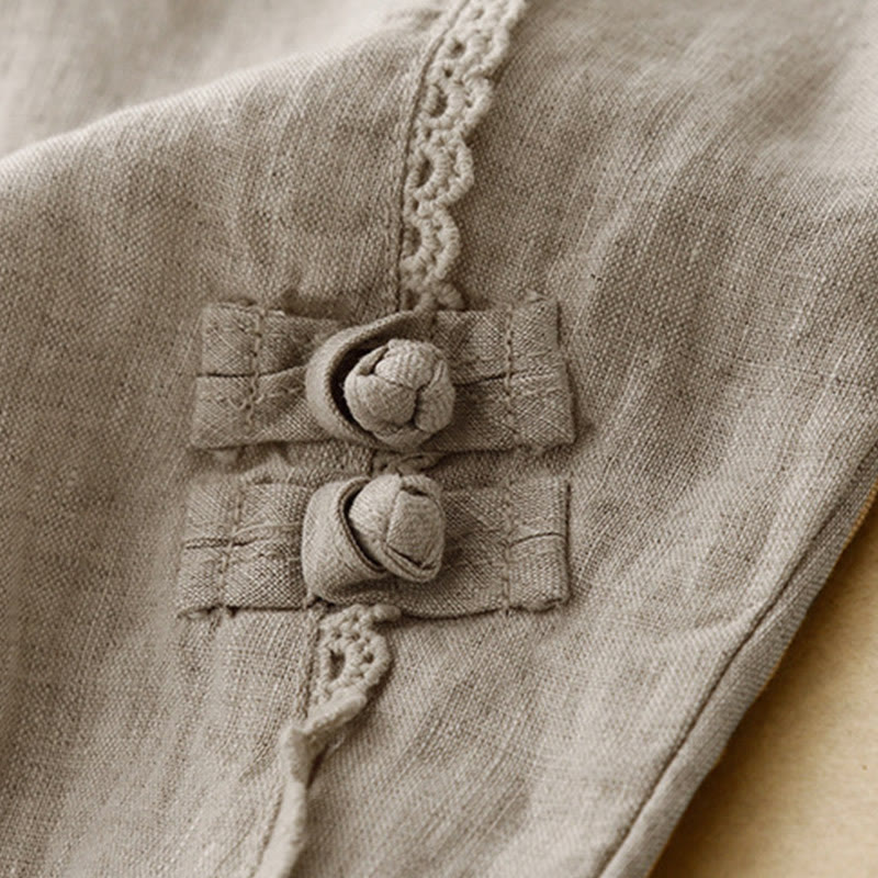 Buddha Stones Sommer-Baumwoll-Leinen-Hose mit Froschknöpfen und hoher Taille für Damen mit Taschen
