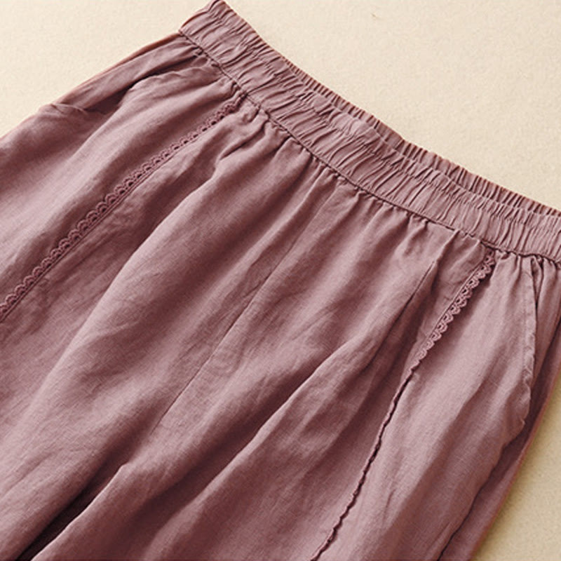 Buddha Stones Sommer-Baumwoll-Leinen-Hose mit Froschknöpfen und hoher Taille für Damen mit Taschen