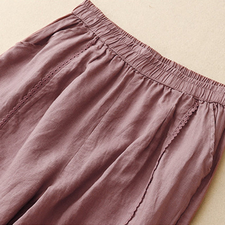 Buddha Stones Sommer-Baumwoll-Leinen-Hose mit Froschknöpfen und hoher Taille für Damen mit Taschen