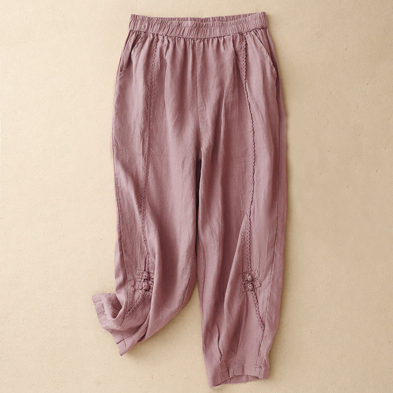Buddha Stones Sommer-Baumwoll-Leinen-Hose mit Froschknöpfen und hoher Taille für Damen mit Taschen