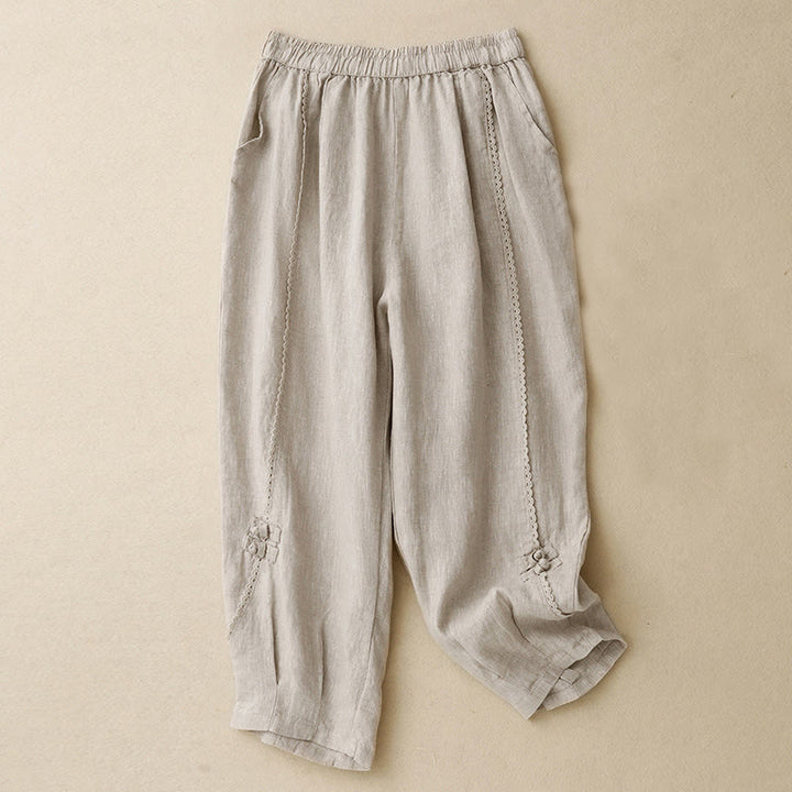 Buddha Stones Sommer-Baumwoll-Leinen-Hose mit Froschknöpfen und hoher Taille für Damen mit Taschen