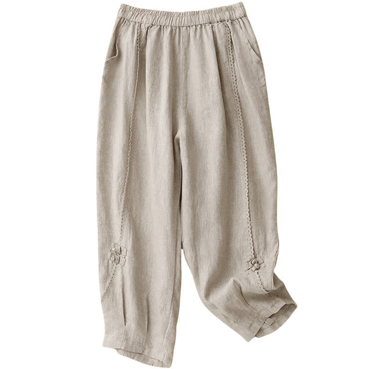 Buddha Stones Sommer-Baumwoll-Leinen-Hose mit Froschknöpfen und hoher Taille für Damen mit Taschen