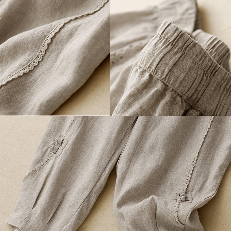 Buddha Stones Sommer-Baumwoll-Leinen-Hose mit Froschknöpfen und hoher Taille für Damen mit Taschen