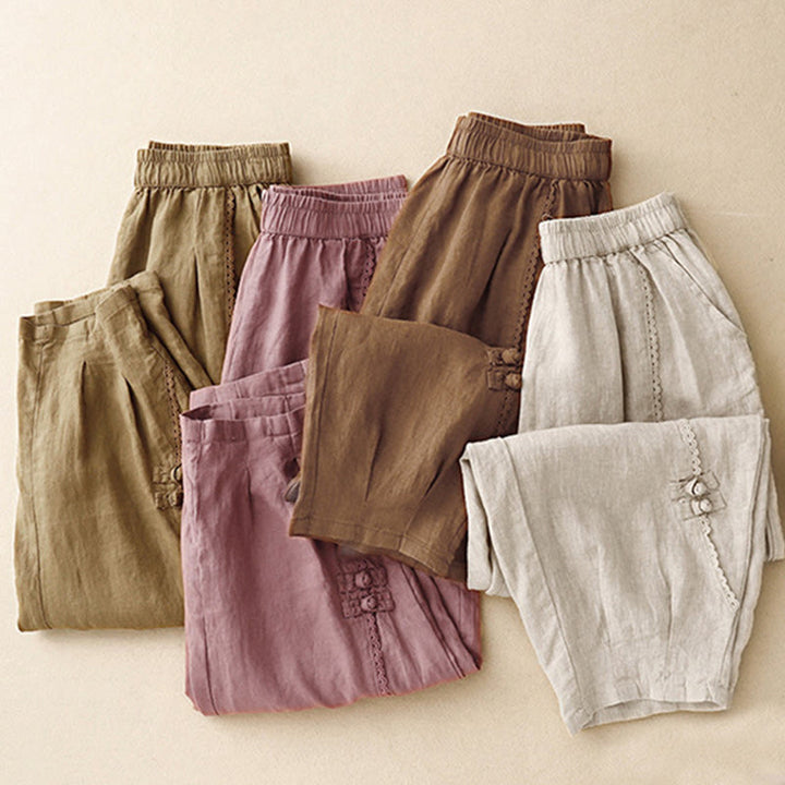 Buddha Stones Sommer-Baumwoll-Leinen-Hose mit Froschknöpfen und hoher Taille für Damen mit Taschen