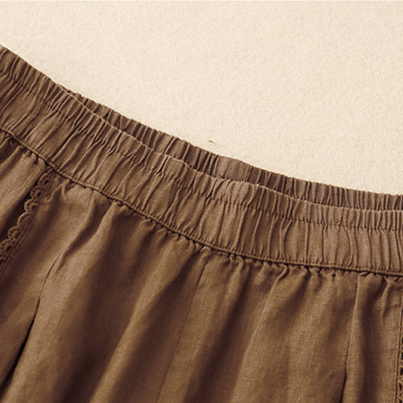 Buddha Stones Sommer-Baumwoll-Leinen-Hose mit Froschknöpfen und hoher Taille für Damen mit Taschen