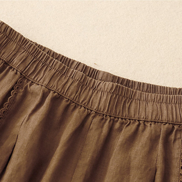 Buddha Stones Sommer-Baumwoll-Leinen-Hose mit Froschknöpfen und hoher Taille für Damen mit Taschen