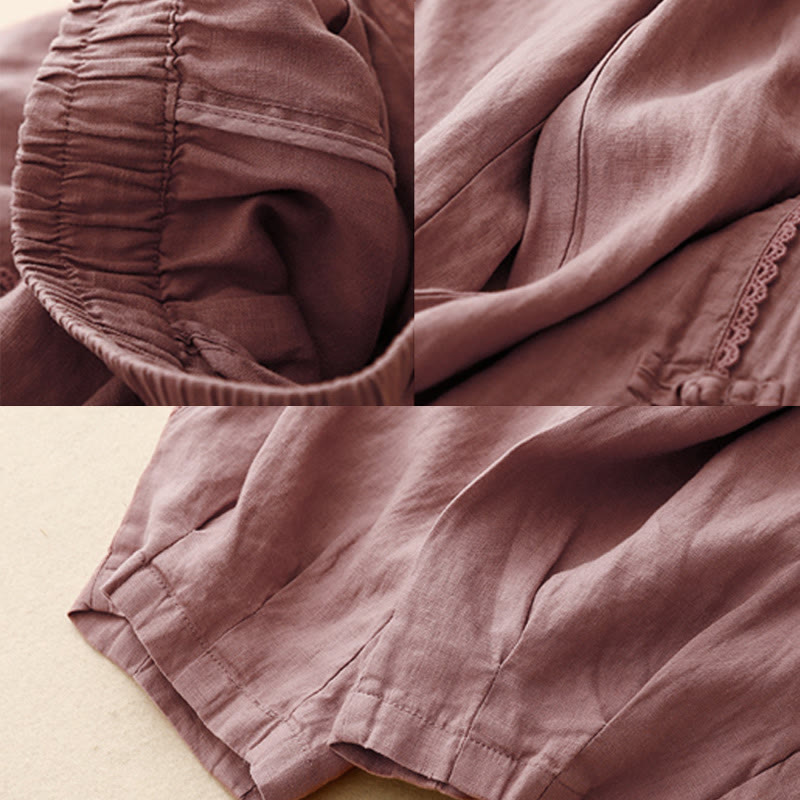 Buddha Stones Sommer-Baumwoll-Leinen-Hose mit Froschknöpfen und hoher Taille für Damen mit Taschen