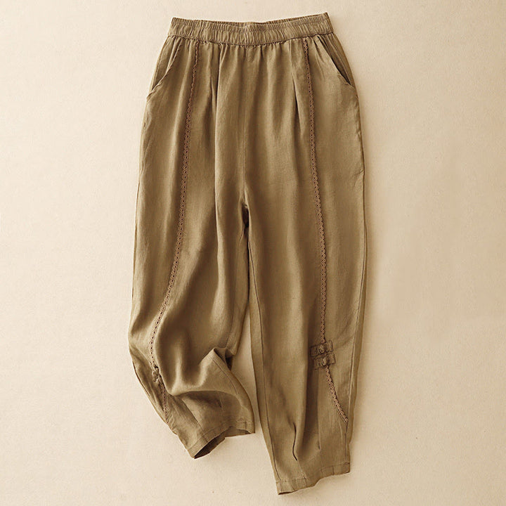 Buddha Stones Sommer-Baumwoll-Leinen-Hose mit Froschknöpfen und hoher Taille für Damen mit Taschen