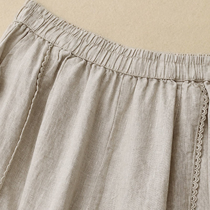 Buddha Stones Sommer-Baumwoll-Leinen-Hose mit Froschknöpfen und hoher Taille für Damen mit Taschen