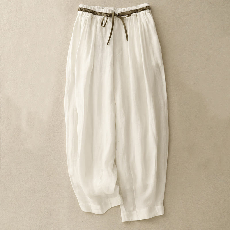 Buddha Stones Vintage Sommer Lässige Farblich passende Haremshose aus Baumwolle und Leinen mit Kordelzug für Damen mit Taschen - Weiß - US 8-10, UK/AU 12-14, EU 40-42 (2XL) - image 0