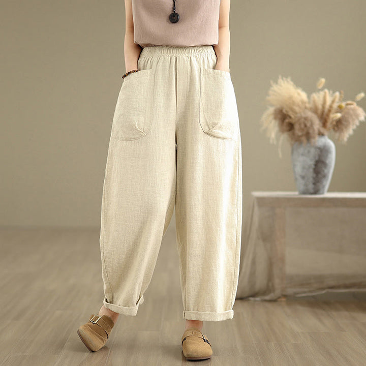 Buddha Stones Lässige, alltägliche, schlichte Haremshose aus Baumwolle und Leinen für Damen mit Taschen - Beige - US8-10, UK/AU12-14, EU40-42 (2XL) - image 0