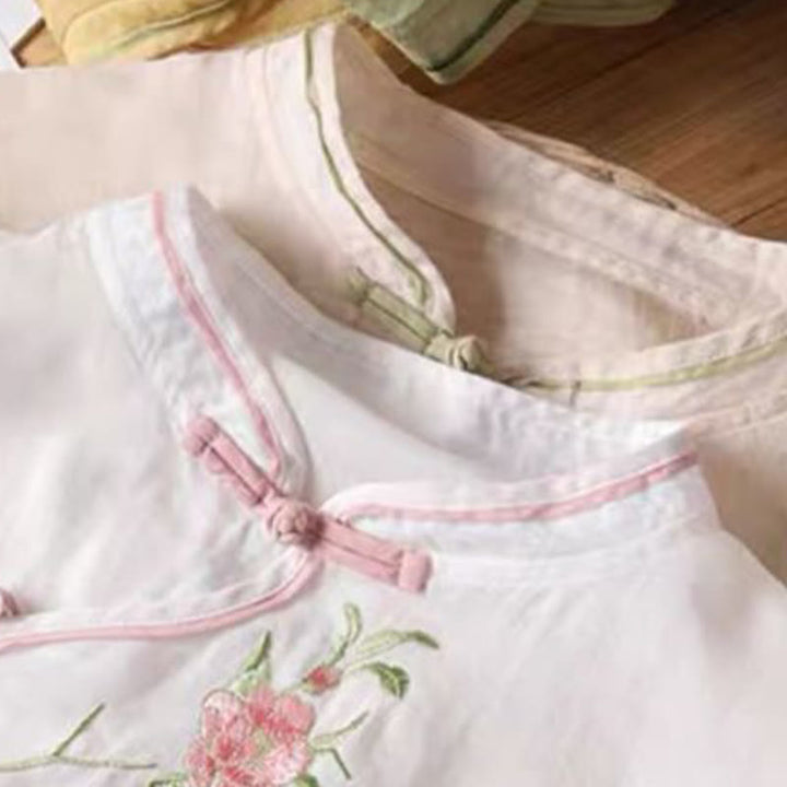 Buddha Stones Lässiges Damen-Baumwoll-Leinen-Shirt mit Vintage-Stickerei und Blumenmuster und chinesischem Froschknopf-Rundhalsausschnitt - image 11