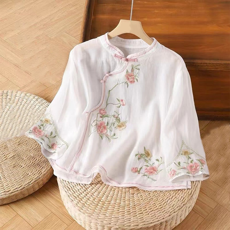 Buddha Stones Lässiges Damen-Baumwoll-Leinen-Shirt mit Vintage-Stickerei und Blumenmuster und chinesischem Froschknopf-Rundhalsausschnitt - Weiß - US12， UK/AU16，EU44 (3XL) - image 3
