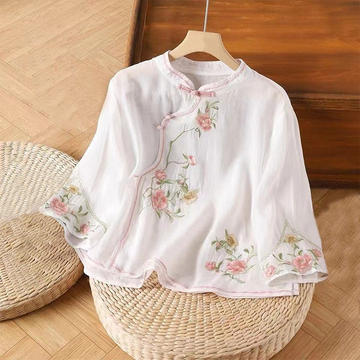 Buddha Stones Lässiges Damen-Baumwoll-Leinen-Shirt mit Vintage-Stickerei und Blumenmuster und chinesischem Froschknopf-Rundhalsausschnitt - Weiß - US12， UK/AU16，EU44 (3XL) - image 3