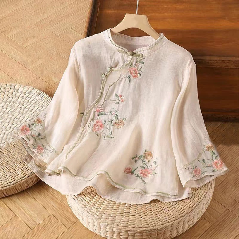 Buddha Stones Lässiges Damen-Baumwoll-Leinen-Shirt mit Vintage-Stickerei und Blumenmuster und chinesischem Froschknopf-Rundhalsausschnitt - MistyRose - US12, UK/AU16, EU44 (3XL) - image 0