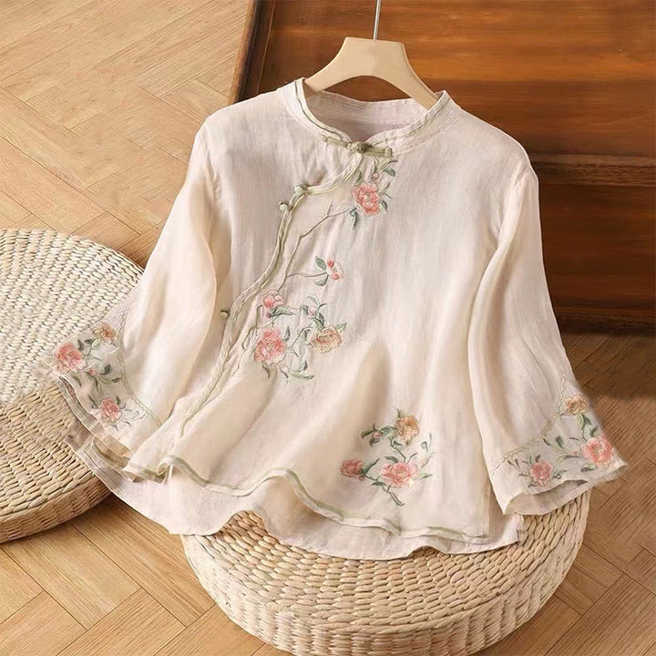 Buddha Stones Lässiges Damen-Baumwoll-Leinen-Shirt mit Vintage-Stickerei und Blumenmuster und chinesischem Froschknopf-Rundhalsausschnitt - MistyRose - US12, UK/AU16, EU44 (3XL) - image 0
