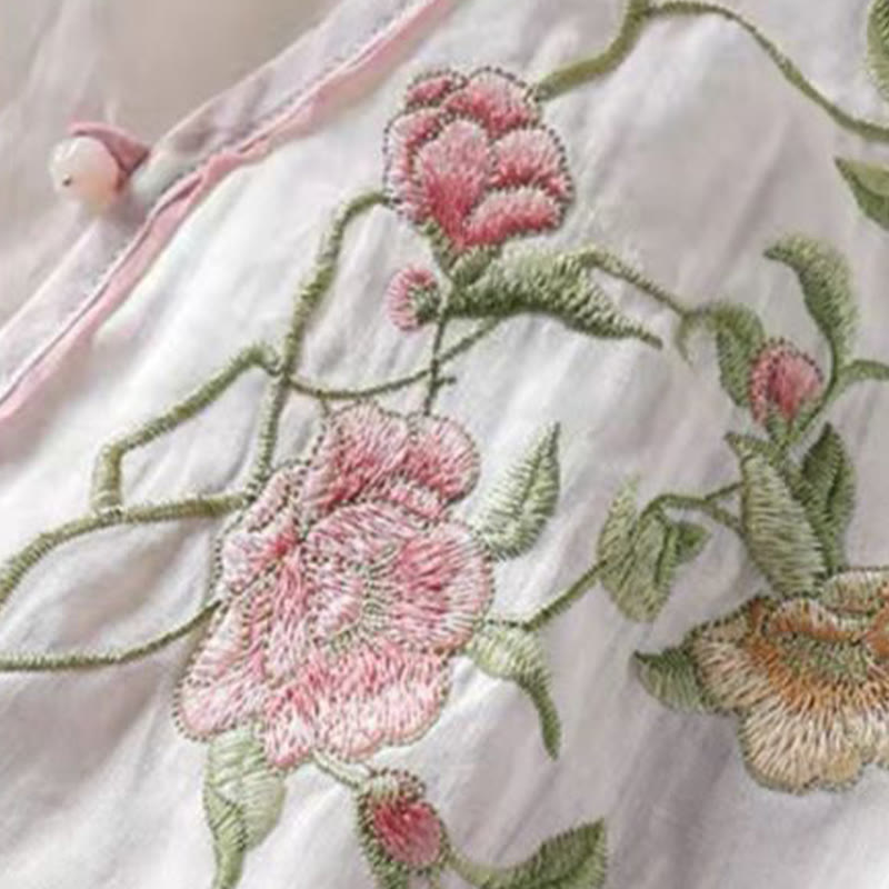 Buddha Stones Lässiges Damen-Baumwoll-Leinen-Shirt mit Vintage-Stickerei und Blumenmuster und chinesischem Froschknopf-Rundhalsausschnitt - image 3