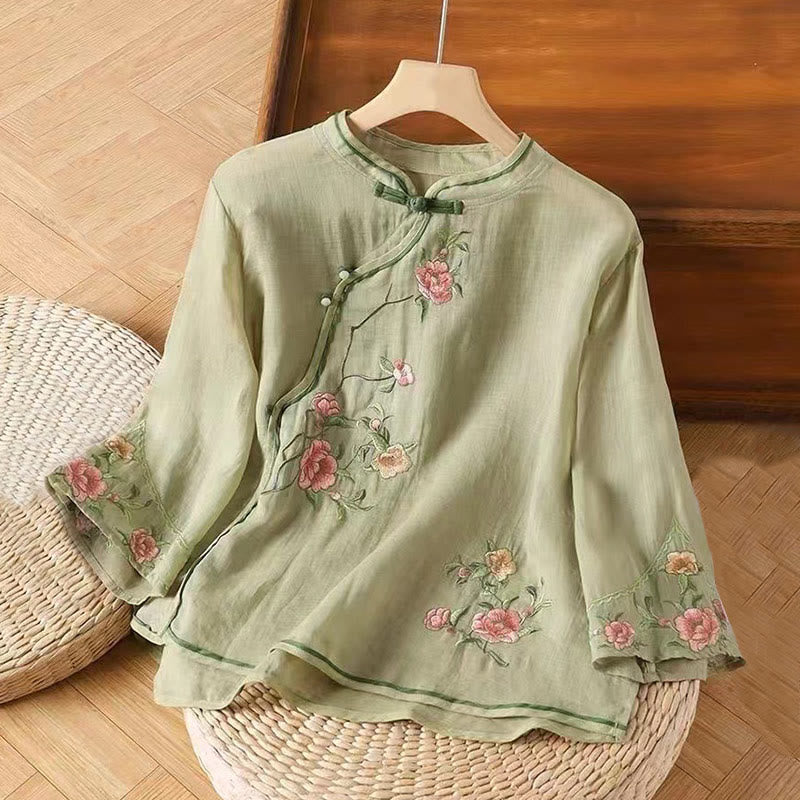 Buddha Stones Lässiges Damen-Baumwoll-Leinen-Shirt mit Vintage-Stickerei und Blumenmuster und chinesischem Froschknopf-Rundhalsausschnitt - Hellgrün - US12， UK/AU16，EU44 (3XL) - image 6