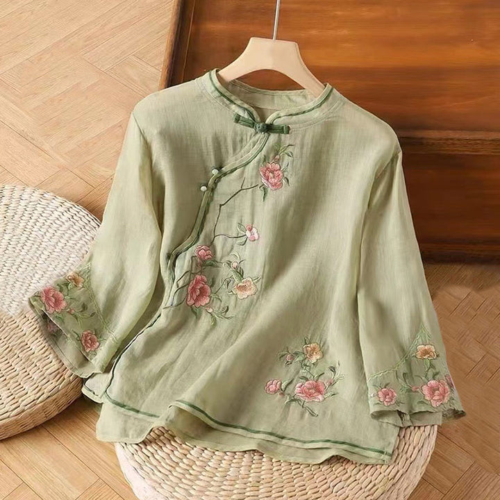 Buddha Stones Lässiges Damen-Baumwoll-Leinen-Shirt mit Vintage-Stickerei und Blumenmuster und chinesischem Froschknopf-Rundhalsausschnitt - Hellgrün - US12， UK/AU16，EU44 (3XL) - image 6