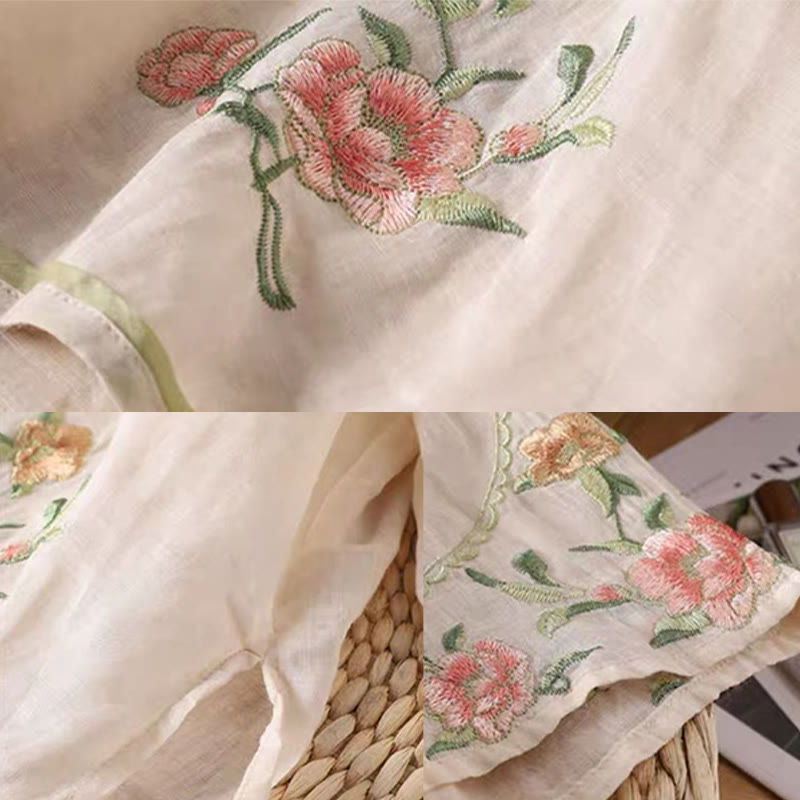 Buddha Stones Lässiges Damen-Baumwoll-Leinen-Shirt mit Vintage-Stickerei und Blumenmuster und chinesischem Froschknopf-Rundhalsausschnitt - image 1