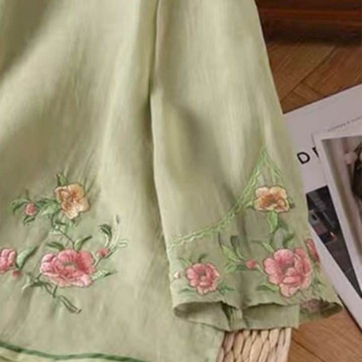 Buddha Stones Lässiges Damen-Baumwoll-Leinen-Shirt mit Vintage-Stickerei und Blumenmuster und chinesischem Froschknopf-Rundhalsausschnitt - image 6