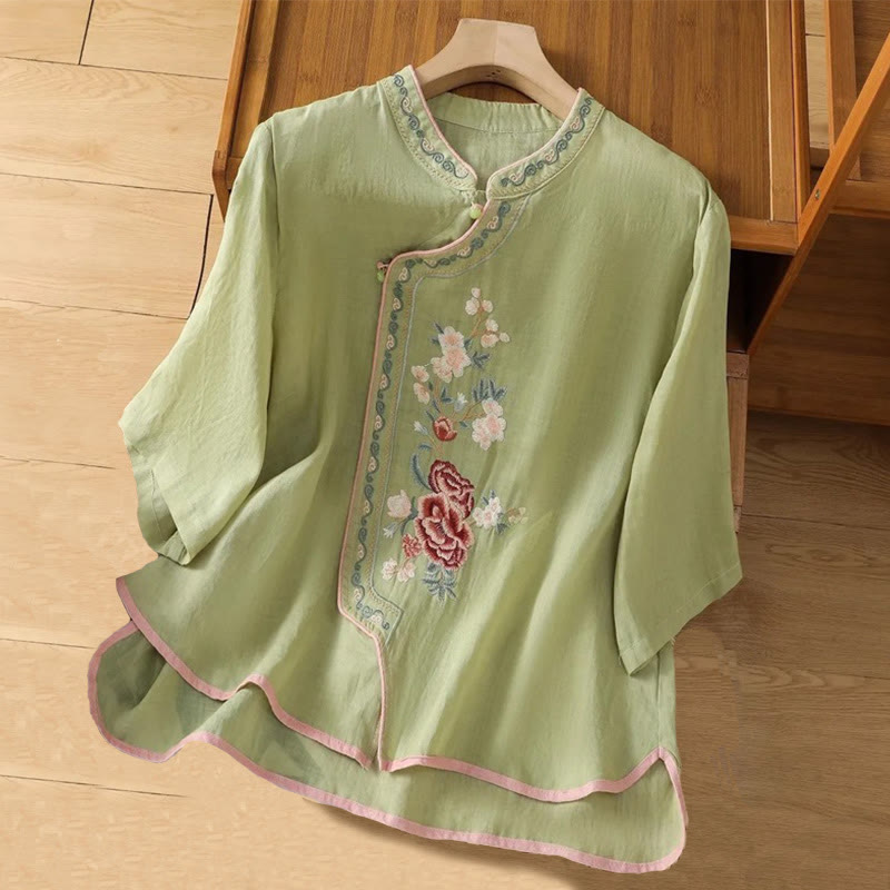 Buddha Stones Lässiges Damenhemd aus Baumwolle und Leinen im Ethno-Stil mit Stickerei und Blumenmuster und Froschknopf - Hellgrün - US14， UK/AU18，EU46 (4XL) - image 0