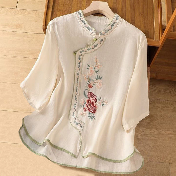 Buddha Stones Lässiges Damenhemd aus Baumwolle und Leinen im Ethno-Stil mit Stickerei und Blumenmuster und Froschknopf - Beige - US14， UK/AU18，EU46 (4XL) - image 4