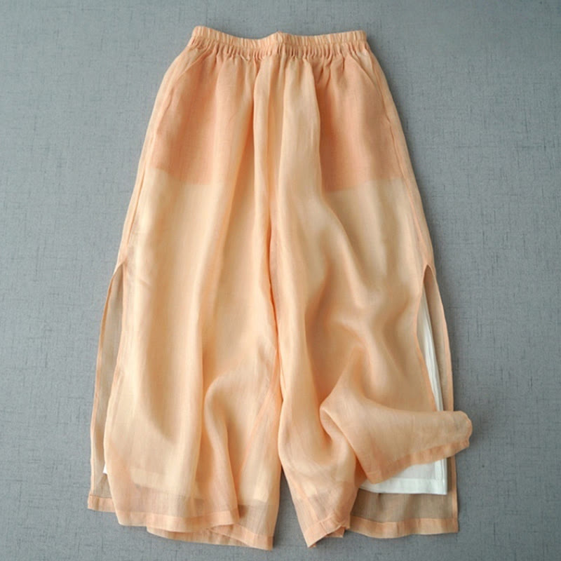 Buddha Stones Lässige, schlichte Ramie-Hose mit Schlitz, Länge 7–8, weites Bein, mit Taschen