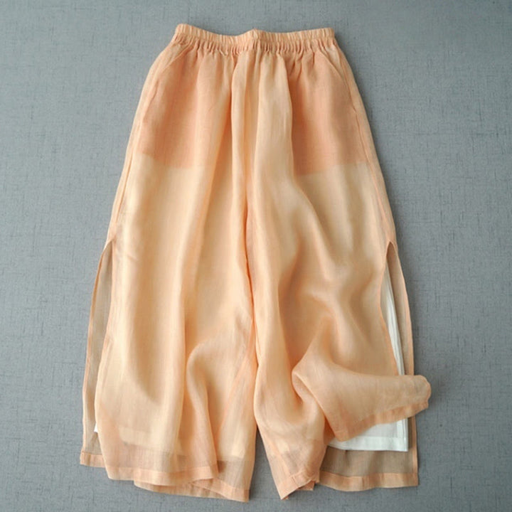Buddha Stones Lässige, schlichte Ramie-Hose mit Schlitz, Länge 7–8, weites Bein, mit Taschen