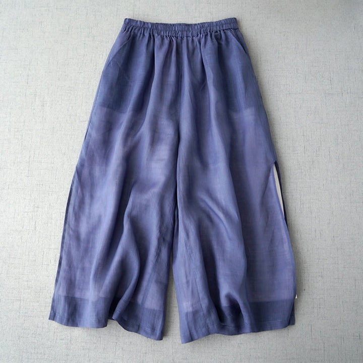 Buddha Stones Lässige, schlichte Ramie-Hose mit Schlitz, Länge 7–8, weites Bein, mit Taschen