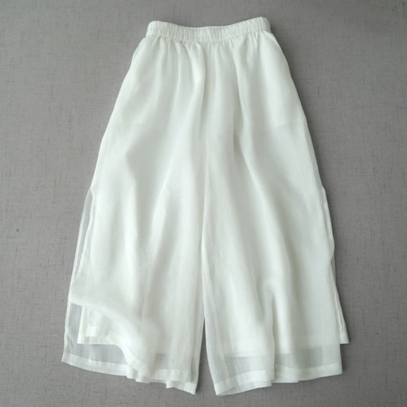 Buddha Stones Lässige, schlichte Ramie-Hose mit Schlitz, Länge 7–8, weites Bein, mit Taschen