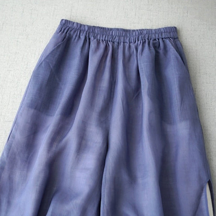 Buddha Stones Lässige, schlichte Ramie-Hose mit Schlitz, Länge 7–8, weites Bein, mit Taschen