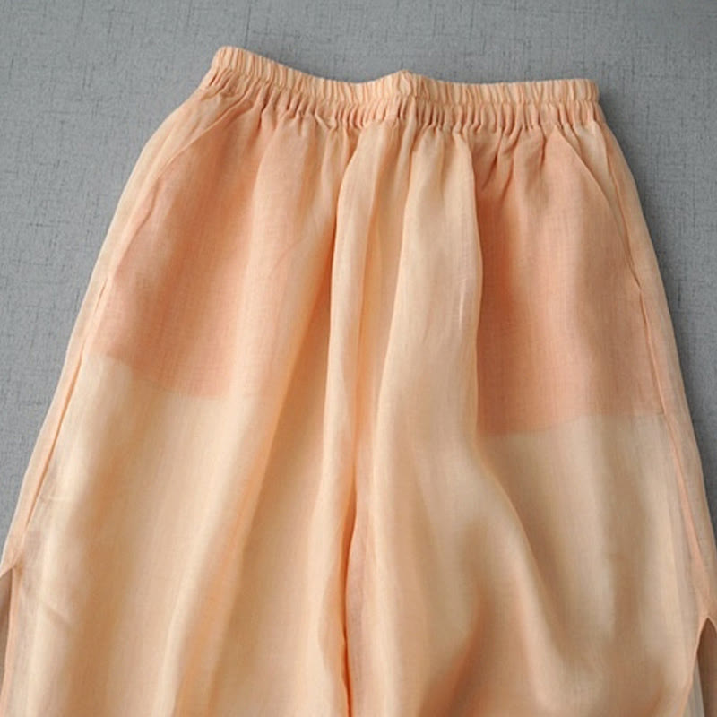 Buddha Stones Lässige, schlichte Ramie-Hose mit Schlitz, Länge 7–8, weites Bein, mit Taschen