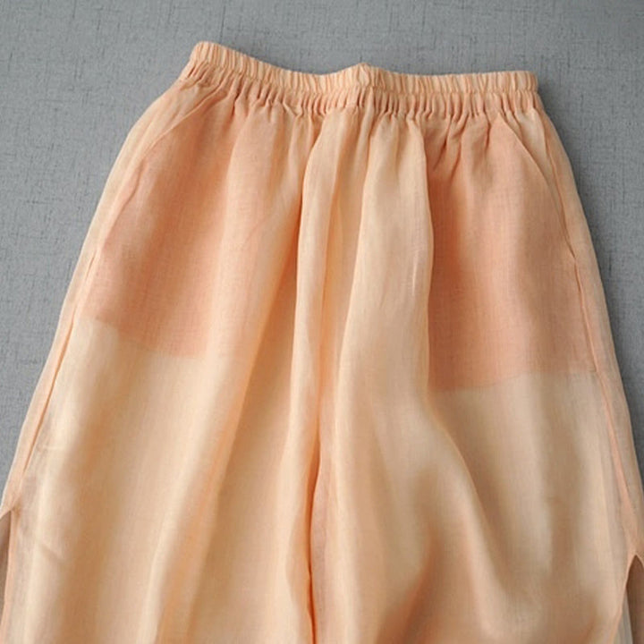 Buddha Stones Lässige, schlichte Ramie-Hose mit Schlitz, Länge 7–8, weites Bein, mit Taschen