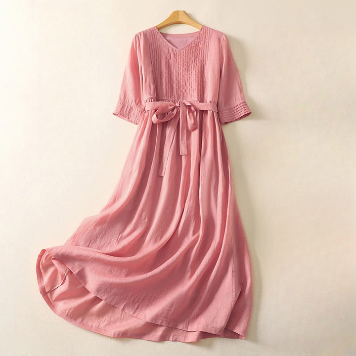 Buddha Stones Sommer-Midikleid aus Baumwolle und Leinen mit kurzen Ärmeln und Falten und Schnürung und Taschen - MistyRose - US 8-10, UK/AU 12-14, EU 40-42 (2XL) - image 0