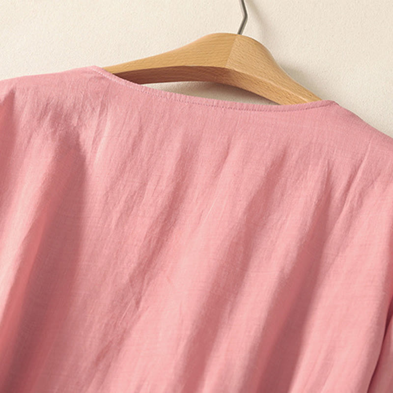 Buddha Stones Sommer-Midikleid aus Baumwolle und Leinen mit kurzen Ärmeln und Falten und Schnürung und Taschen - image 3