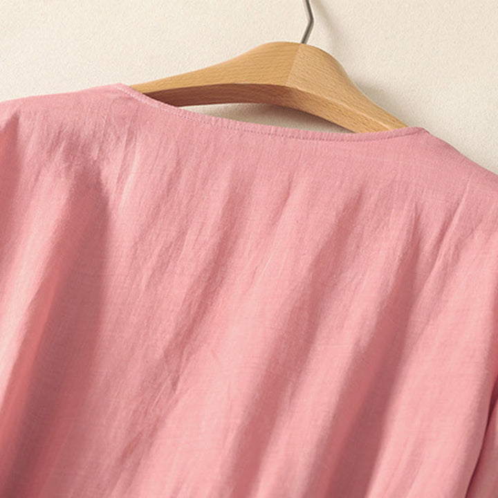 Buddha Stones Sommer-Midikleid aus Baumwolle und Leinen mit kurzen Ärmeln und Falten und Schnürung und Taschen - image 3