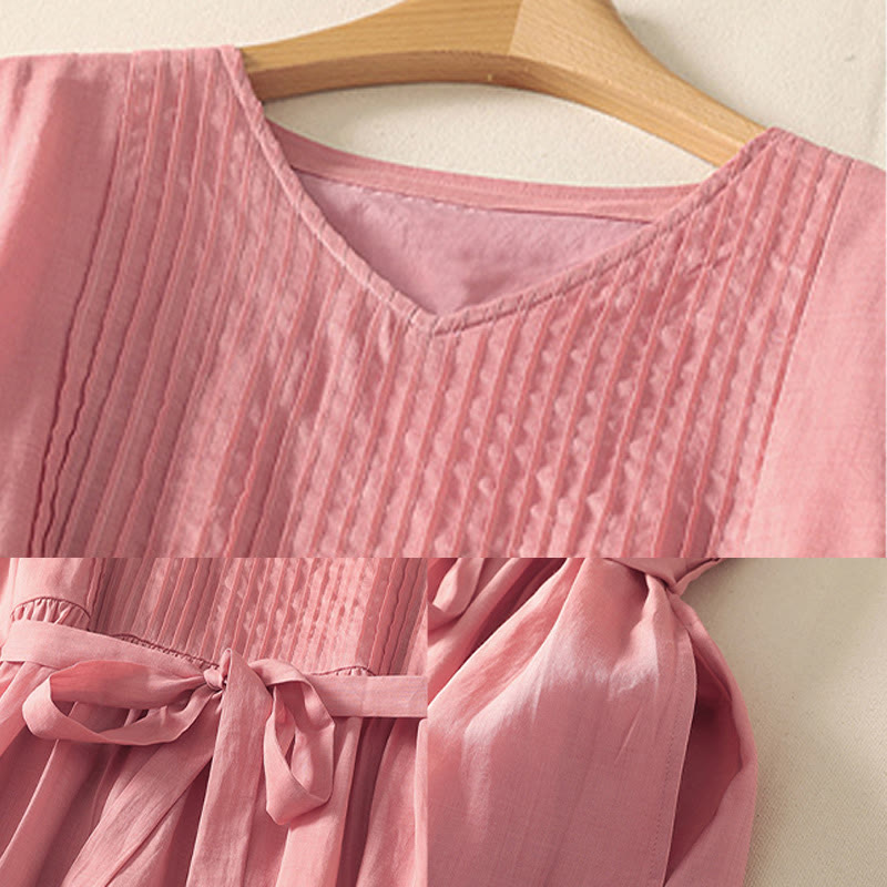 Buddha Stones Sommer-Midikleid aus Baumwolle und Leinen mit kurzen Ärmeln und Falten und Schnürung und Taschen - image 7