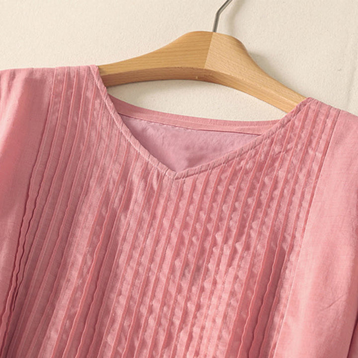 Buddha Stones Sommer-Midikleid aus Baumwolle und Leinen mit kurzen Ärmeln und Falten und Schnürung und Taschen - image 2