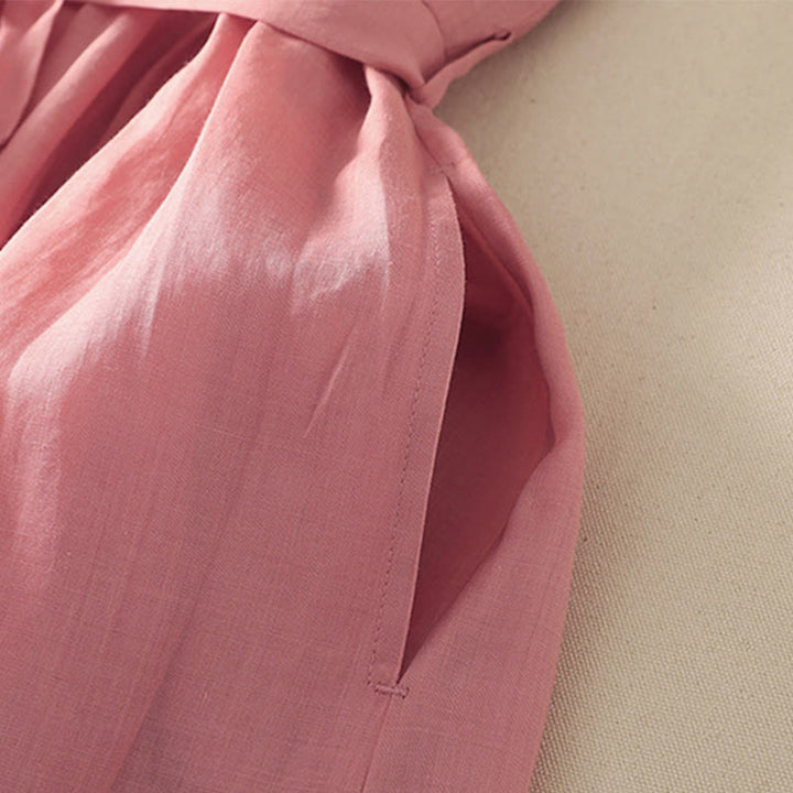 Buddha Stones Sommer-Midikleid aus Baumwolle und Leinen mit kurzen Ärmeln und Falten und Schnürung und Taschen - image 4