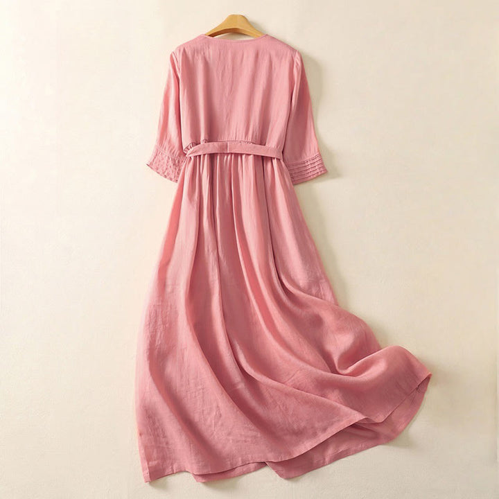 Buddha Stones Sommer-Midikleid aus Baumwolle und Leinen mit kurzen Ärmeln und Falten und Schnürung und Taschen - image 1