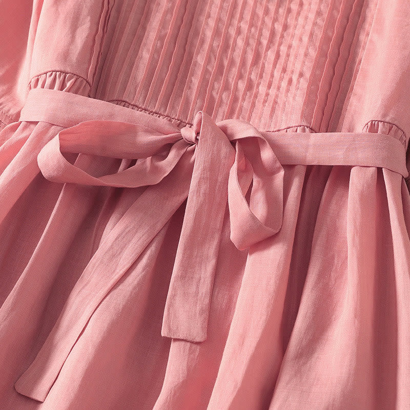 Buddha Stones Sommer-Midikleid aus Baumwolle und Leinen mit kurzen Ärmeln und Falten und Schnürung und Taschen - image 5