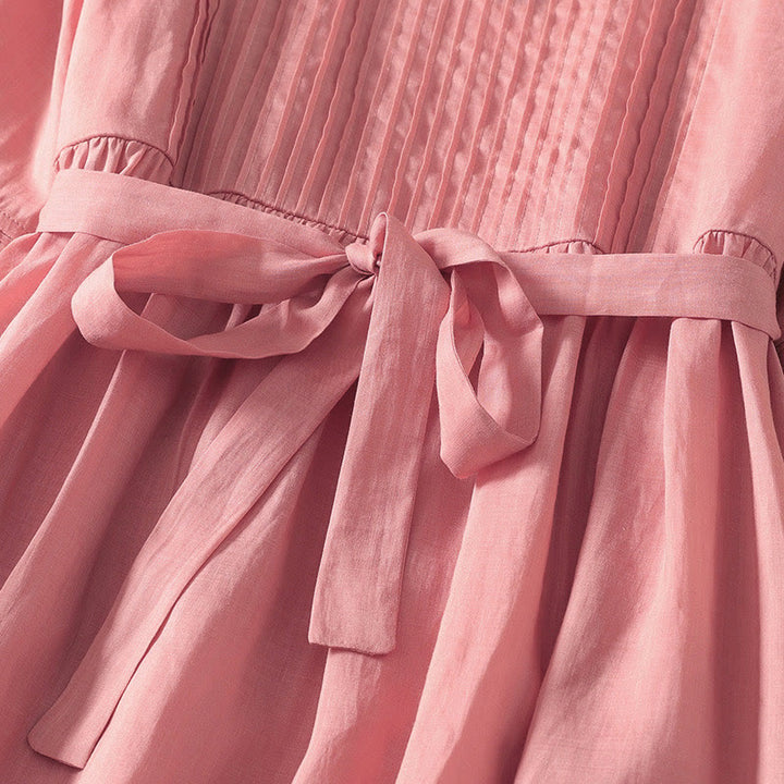 Buddha Stones Sommer-Midikleid aus Baumwolle und Leinen mit kurzen Ärmeln und Falten und Schnürung und Taschen - image 5