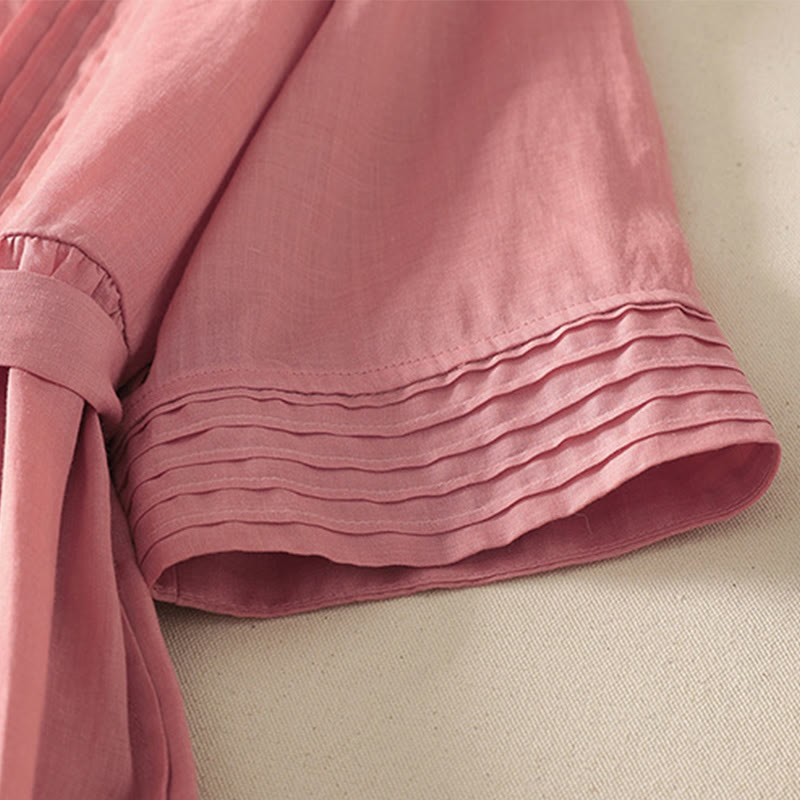 Buddha Stones Sommer-Midikleid aus Baumwolle und Leinen mit kurzen Ärmeln und Falten und Schnürung und Taschen - image 6