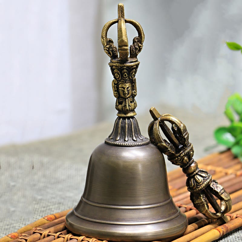 Buddha Stones 2 Stück handgefertigte tibetische Meditationsglocke und Vajra Dorje Kupfer-Stärke-Dekorationsset