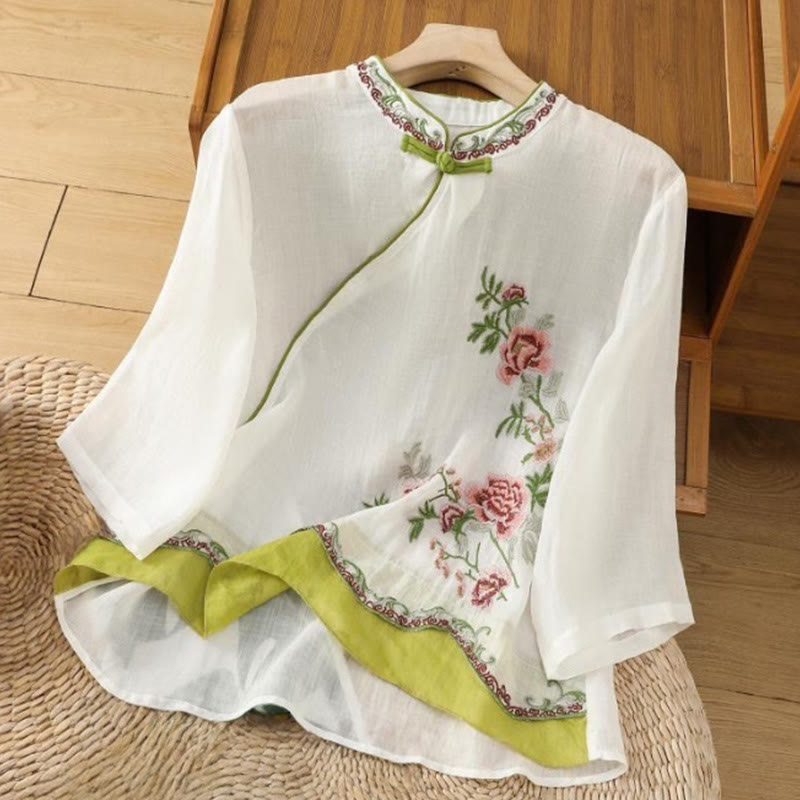 Buddha Stones Sommer Ethno-Stil Stickerei Blumenmuster Frosch-Knopf Farblich passendes Damen Baumwoll-Leinen-Hemd mit Dreiviertelärmeln - Weiß - US8-10， UK/AU12-14，EU40-42 (2XL) - image 0