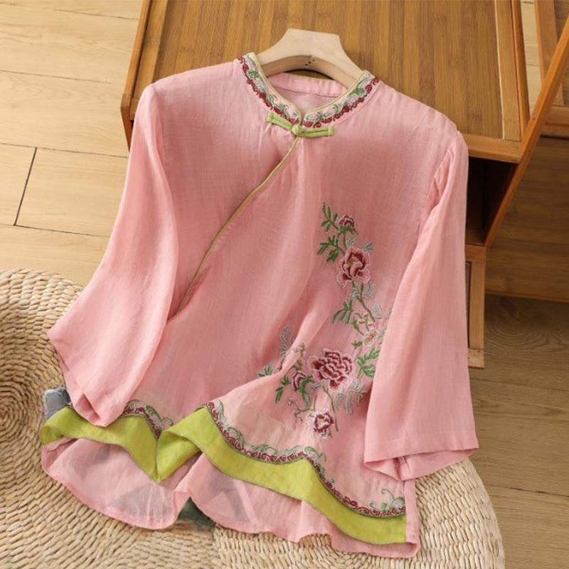Buddha Stones Sommer Ethno-Stil Stickerei Blumenmuster Frosch-Knopf Farblich passendes Damen Baumwoll-Leinen-Hemd mit Dreiviertelärmeln - Hellkoralle - US8-10， UK/AU12-14，EU40-42 (2XL) - image 4