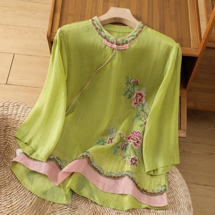 Buddha Stones Sommer Ethno-Stil Stickerei Blumenmuster Frosch-Knopf Farblich passendes Damen Baumwoll-Leinen-Hemd mit Dreiviertelärmeln - GelbGrün - US8-10， UK/AU12-14，EU40-42 (2XL) - image 12