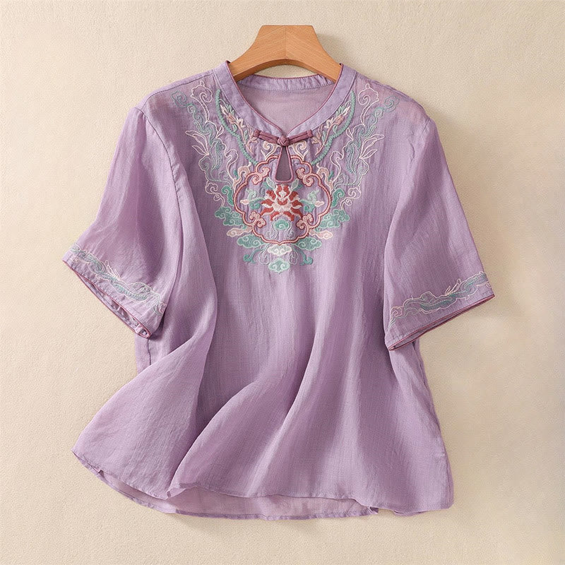 Buddha Stones Lässiges Retro-Stickerei-Froschknopf-Design Damen-Baumwoll-Leinen-Halbarmhemd - Mittelgroße Orchidee - US14， UK/AU18，EU46 (4XL) - image 0